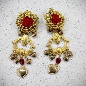 NEW ONE OF A KIND Gold Drop Earrings with Rose Detail W/ Post